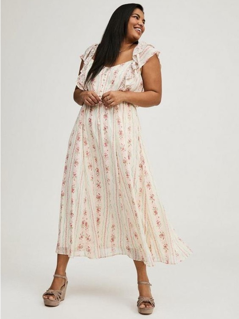 Torrid Ruffle Cream Chiffon Maxi Dress in Antoinette Floral